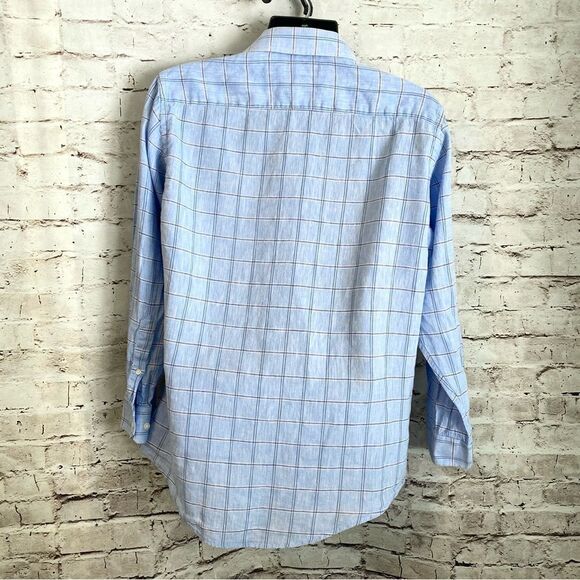 Buttoned Down Linen Cotton Plaid Casual Shirt Men Blue Medium Long Sleeve - Picture 6 of 6